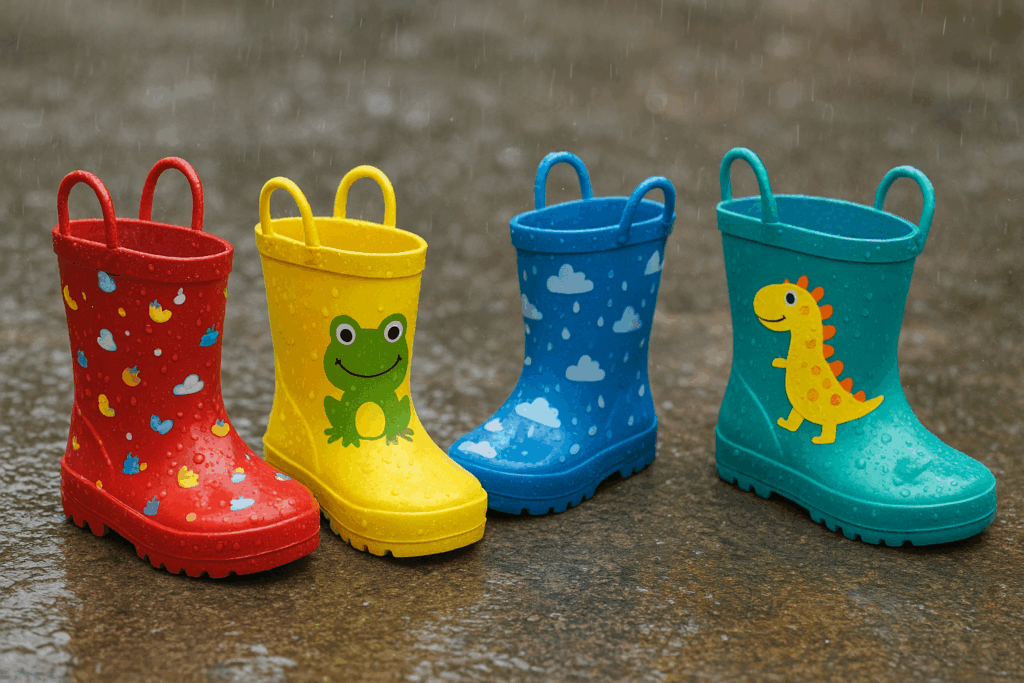 Kids wearing colorful waterproof shoes and sandals for monsoon 2025 – safe and splash-proof footwear