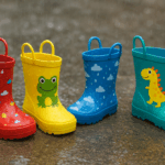 Kids wearing colorful waterproof shoes and sandals for monsoon 2025 – safe and splash-proof footwear
