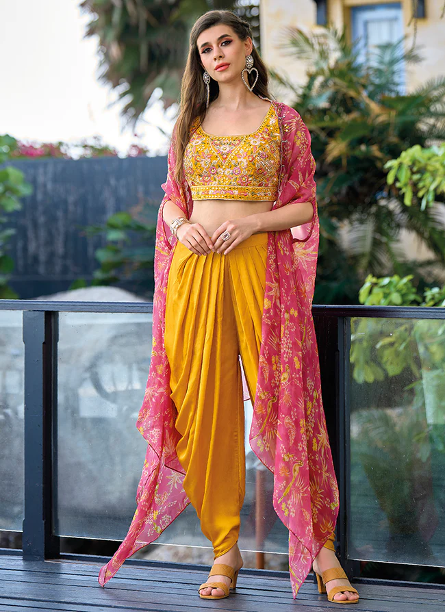 Yellow embroidered cape-style co-ord dhoti set